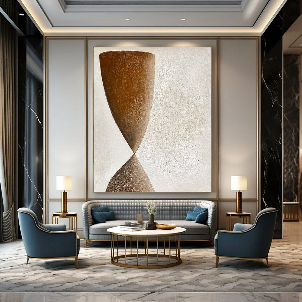 Large abstract painting featuring muted earthy tones and simple hourglass shapes in a minimalist style with soft textured brushstrokes.STSC1239