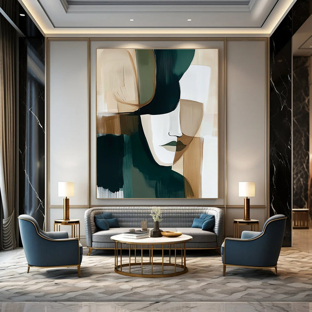 Abstract painting in dark green beige and white tones perfect for modern decor adding elegance and intrigue to any space.STSC749