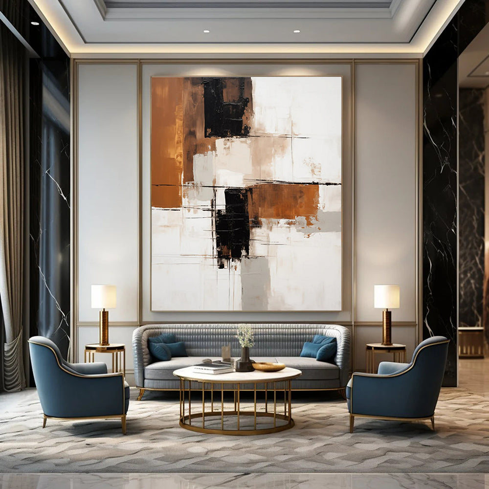 Earth - Toned Geometric Abstract Painting with Brown, Black, and Beige ADGE129