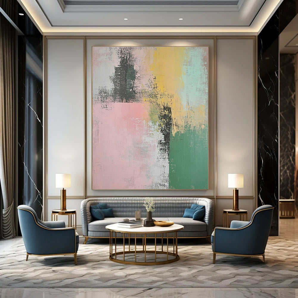 Large abstract painting featuring muted pastel greens pinks and yellows with organic brush strokes showcasing Paige Sessoms' poetry elegantly intertwined.STSC774