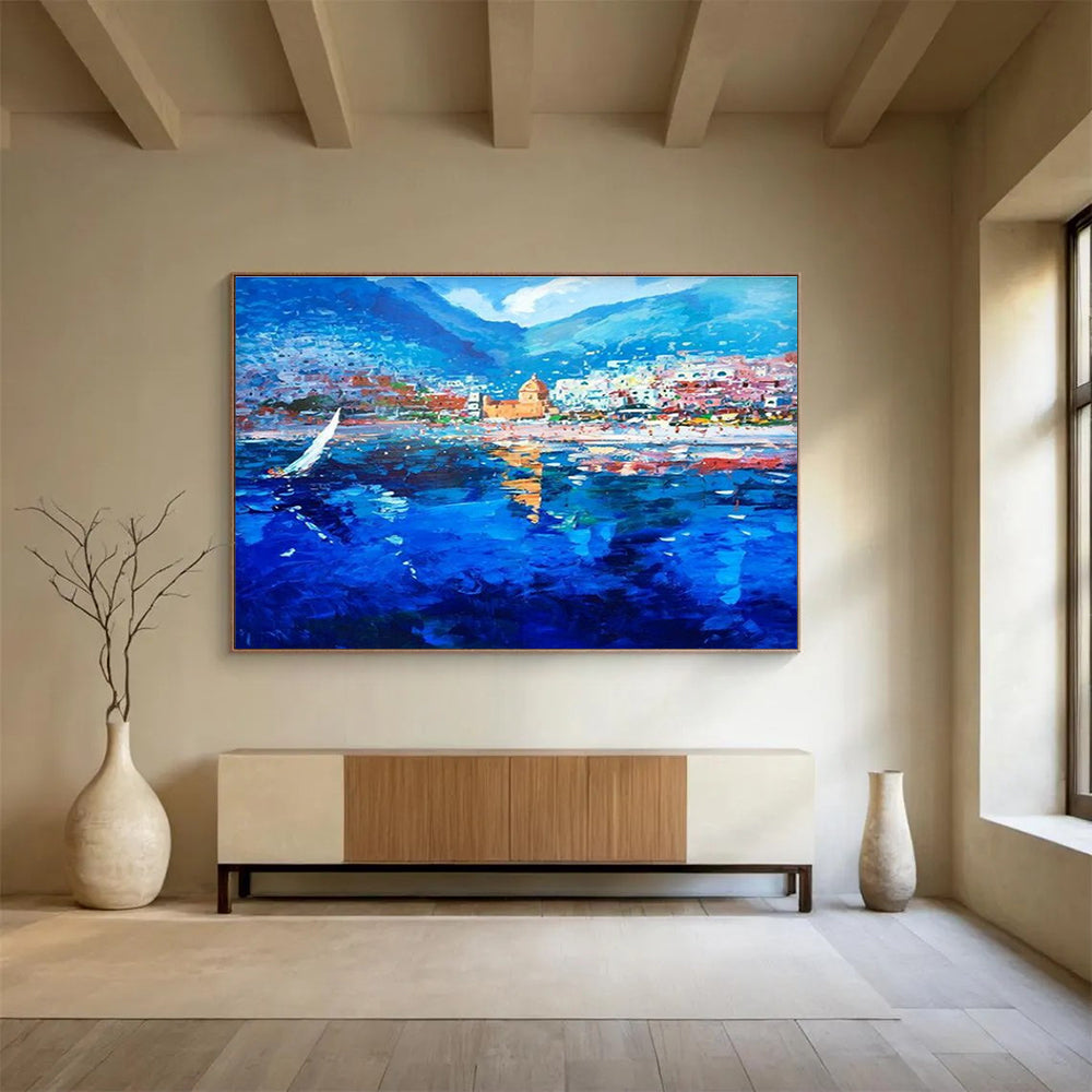 Blue Coastal Town Sailboat Abstract Painting THY481