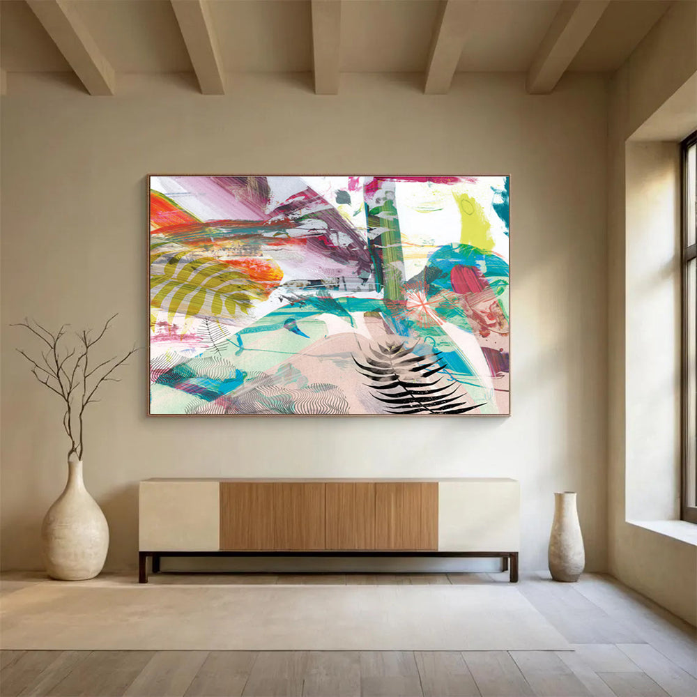 Vibrant Mixed - Media Abstract Painting with Colorful Patterns and Ferns THY118