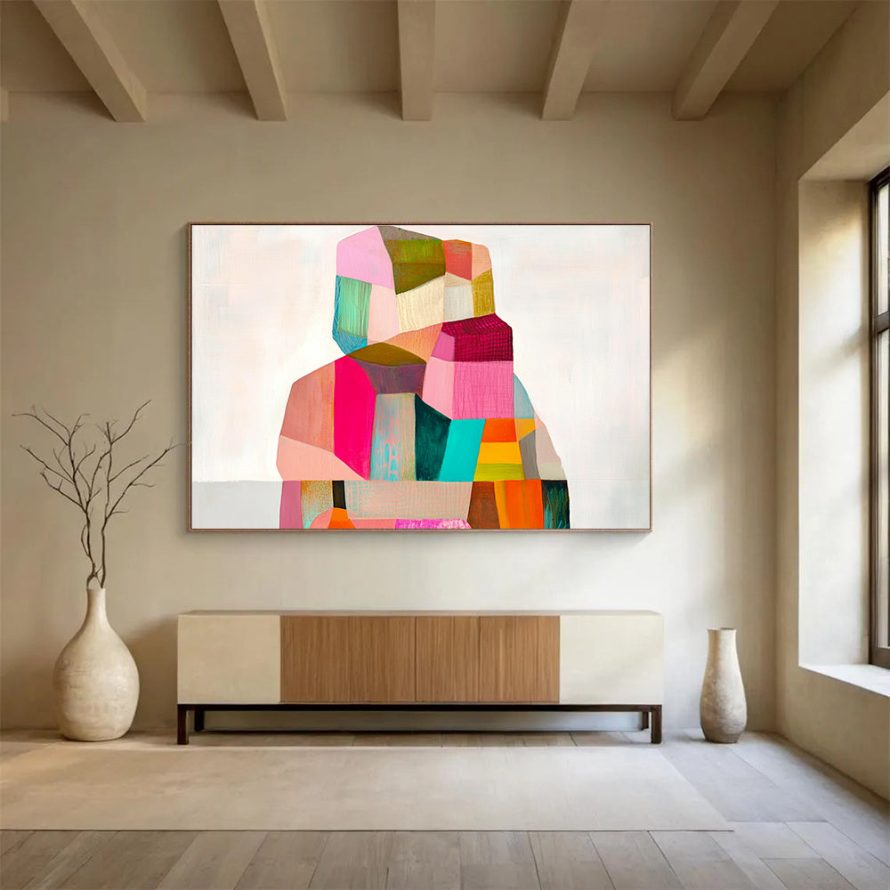 A large abstract painting with geometric shapes in pastel tones capturing the essence of the body against a soft white background.SC354