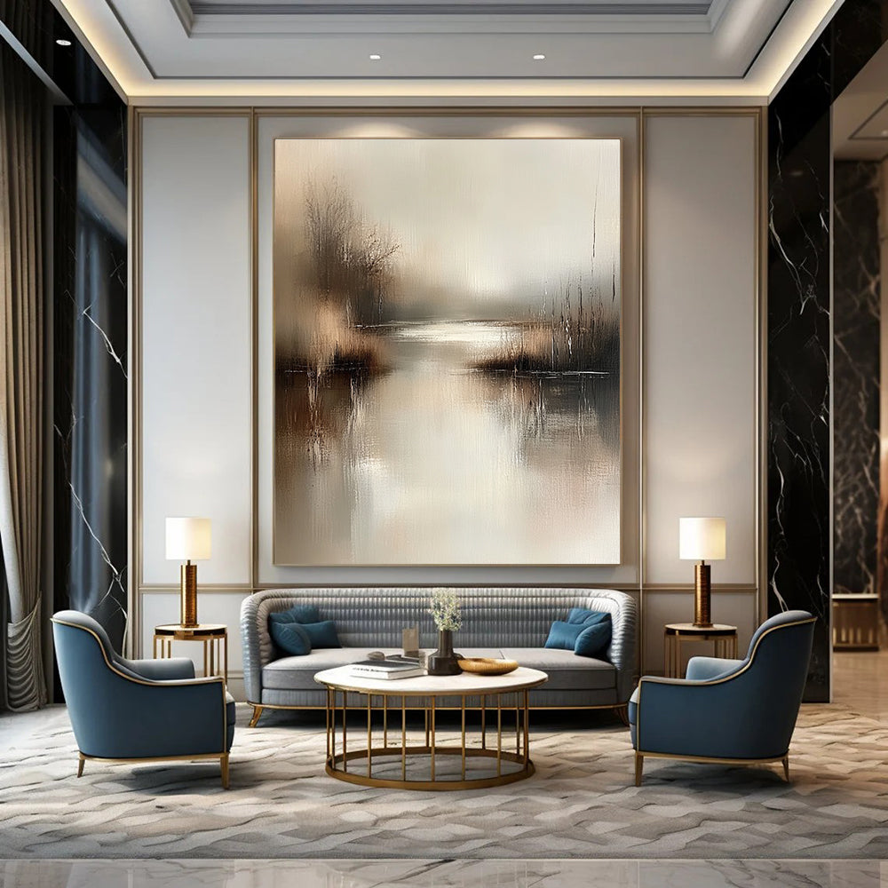 Large abstract painting in muted beige and grey tones captures serene water's edge with gentle brushstrokes evoking tranquility and calmness in any setting.STSC078