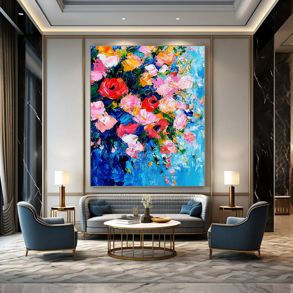 Large abstract painting featuring vibrant flowers in pink and red against a delicate blue and pink background showcasing intricate details and dynamic composition.STSC1026
