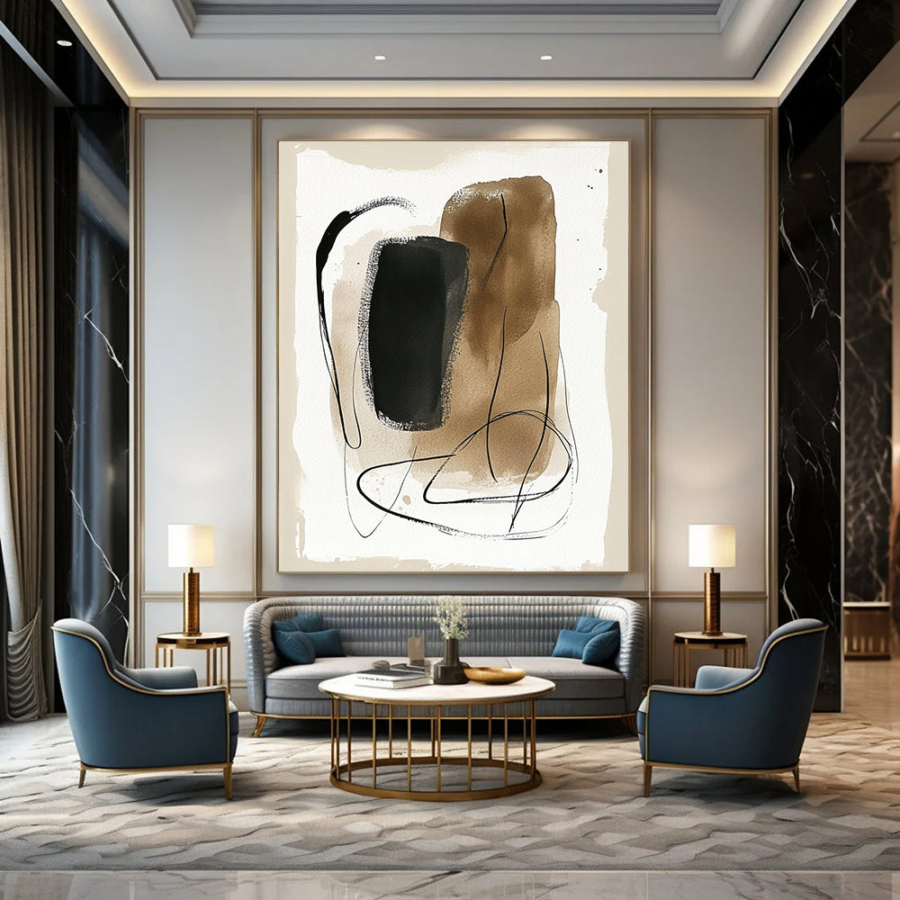 Abstract painting featuring minimalist wavy shapes and lines with black brush strokes and pastel colors on a beige background.STSC1463
