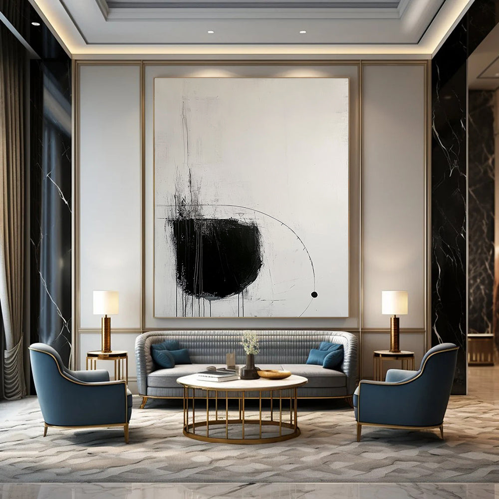 Large abstract painting with black lines and geometric figures creating calmness and simplicity in minimalist style featuring balanced composition and open space.STSC520
