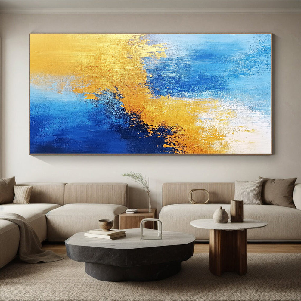 Vibrant Blue and Gold Abstract Painting with Energetic Splashes GER379