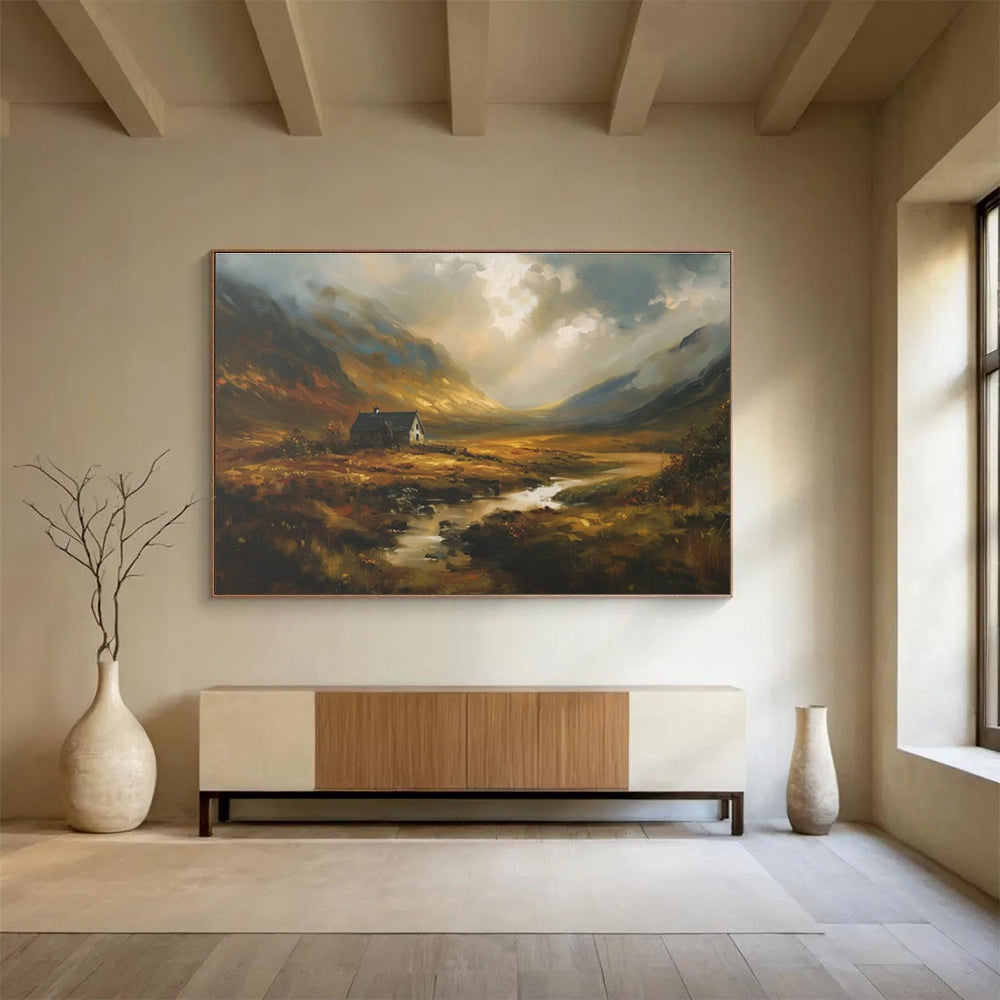 Mountain Cottage Abstract Painting with Warm, Rustic Charm THY402
