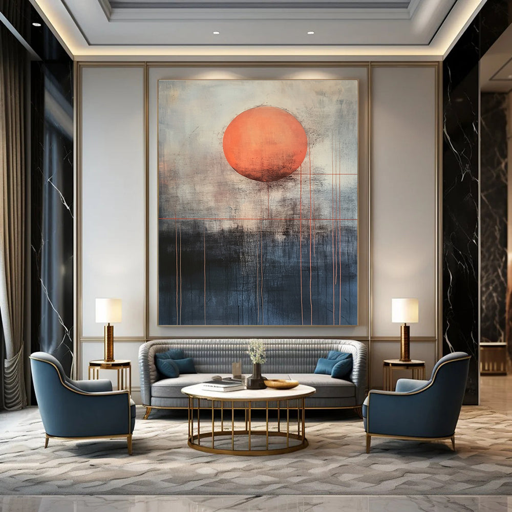 Large abstract painting featuring a mysterious orange sun above dark gray and light blue background with red lines evoking calmness and inner power.STSC1138