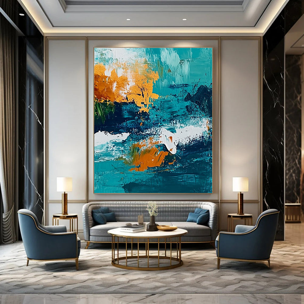 Large abstract painting of the ocean featuring a vibrant teal and amber color scheme with textured brush strokes.STSC705