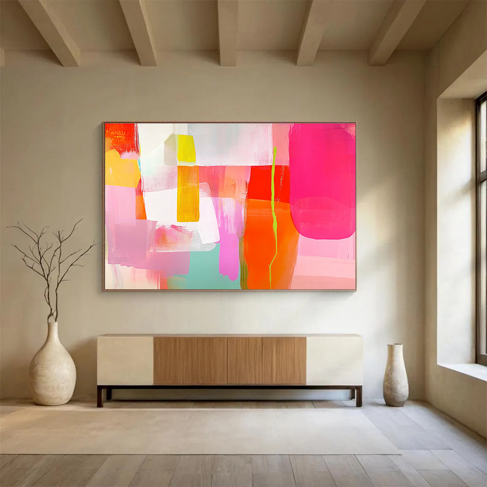 Colorful Geometric Abstract Painting with Pink Yellow and Green DYP415