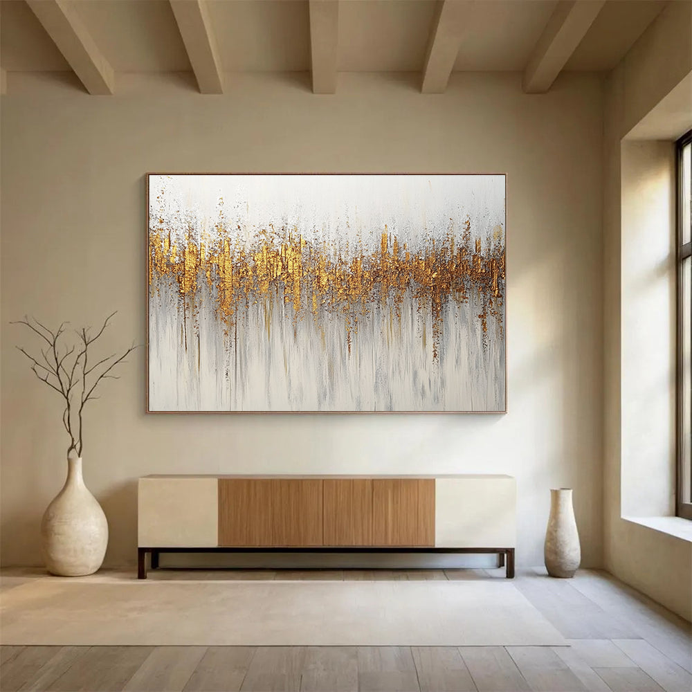 Large abstract painting featuring gold and silver glitter texture on a minimalist white background with neutral tones.SC209