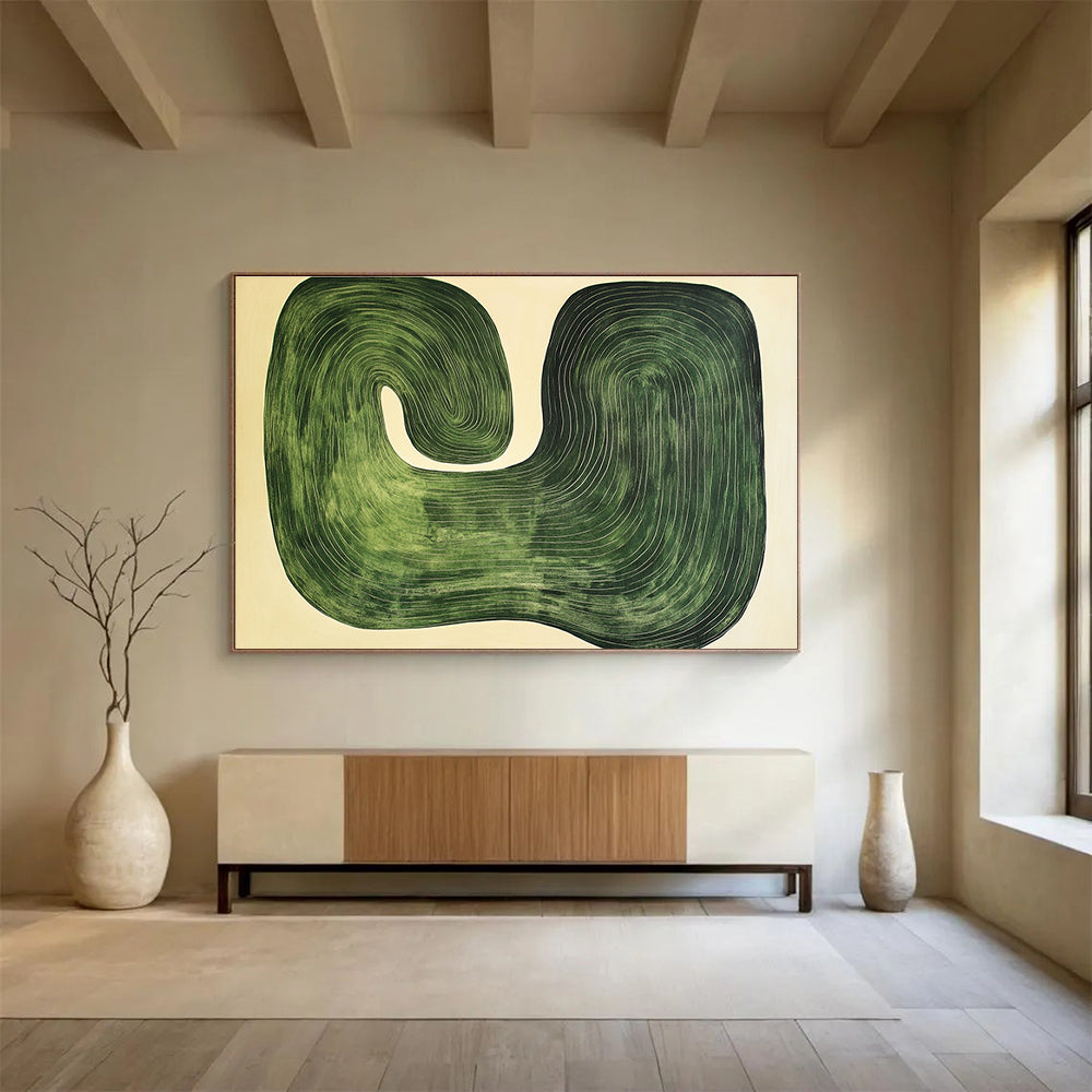 Green Curved Lines Abstract Painting with Organic Shapes DYP363