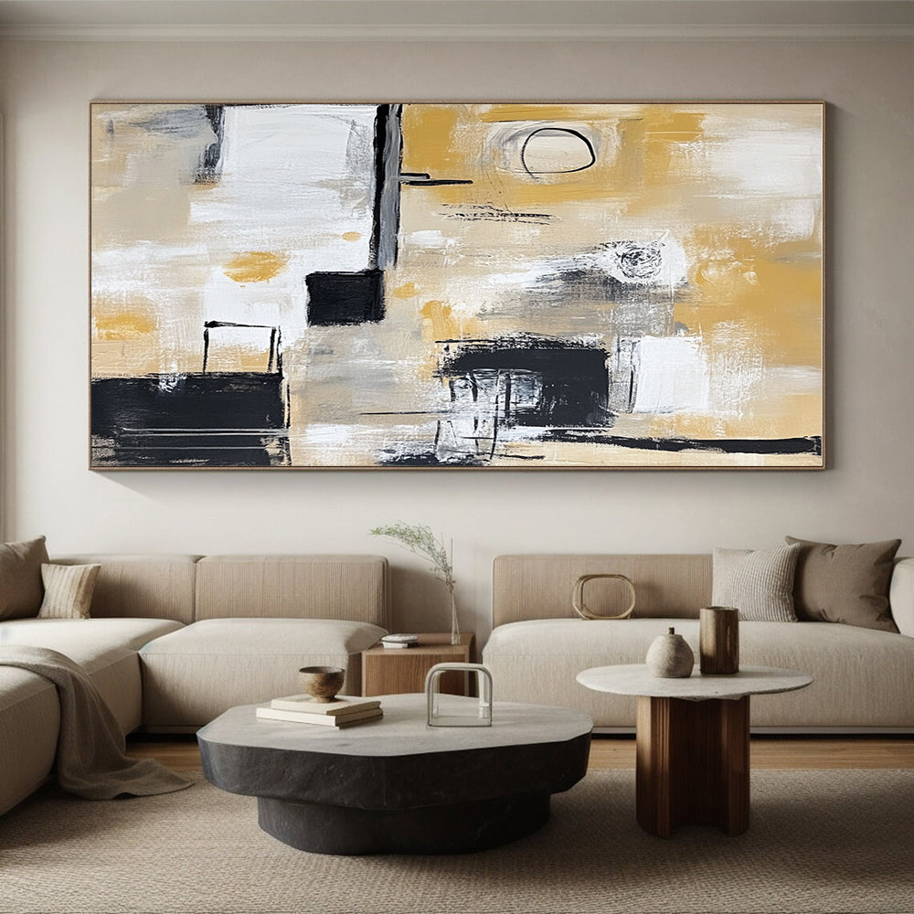 Yellow - Toned Abstract Painting with Black, White, and Beige GER321