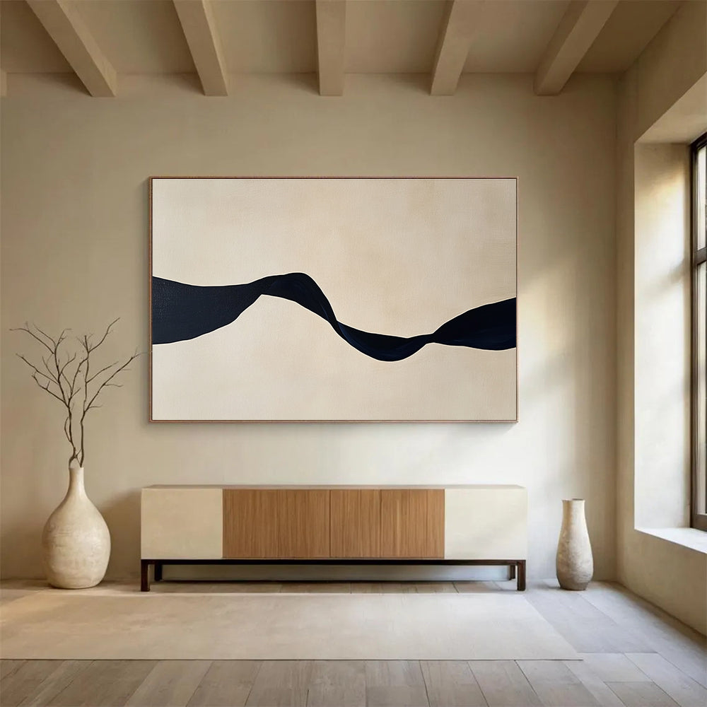 Large abstract painting featuring minimalist black ribbon shapes against a light beige background, embodying tranquility and elegance in any space.SC588