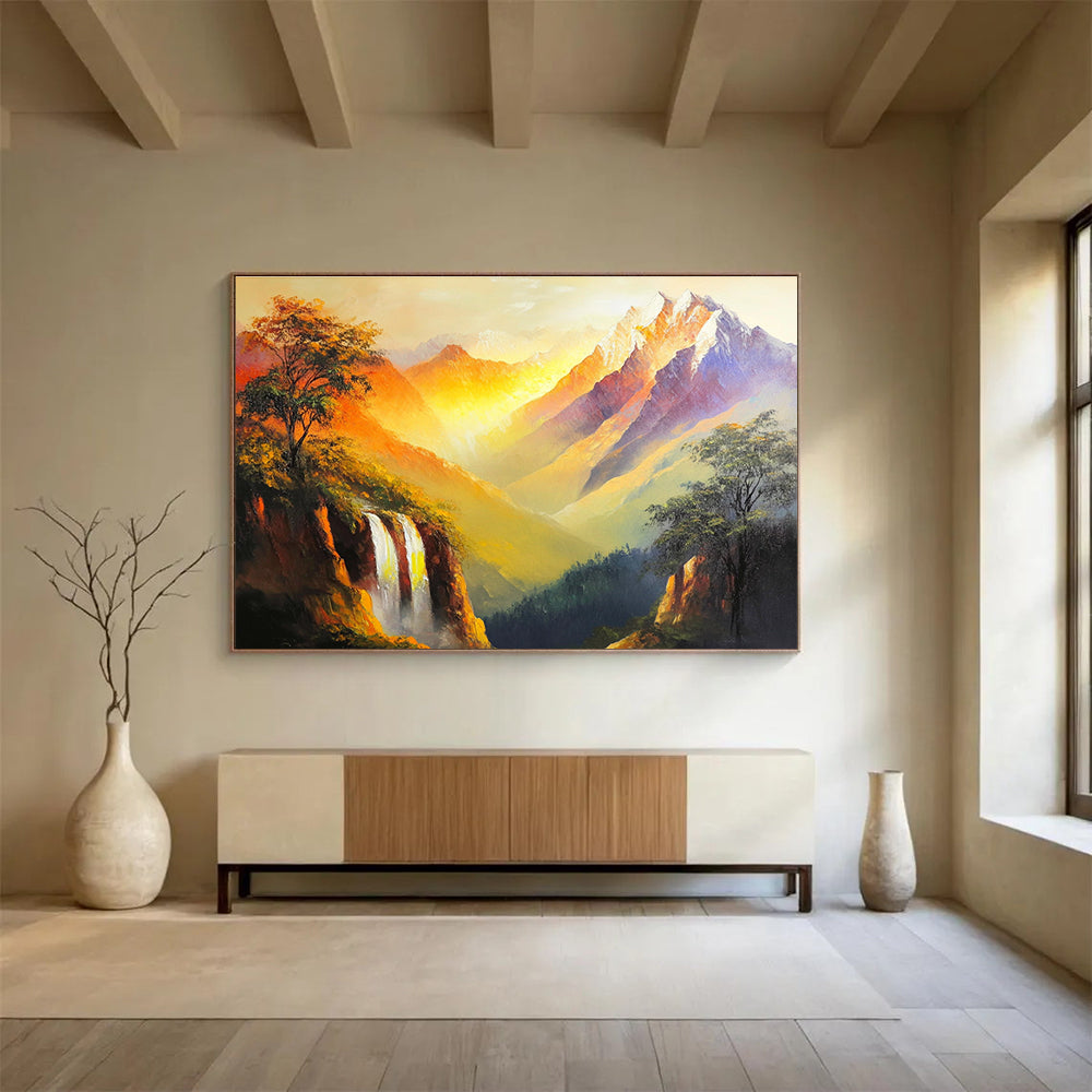 A large abstract painting depicting golden peaks and mountains with bright colors and strong brushstrokes capturing nature's grandeur and serenity.SC579