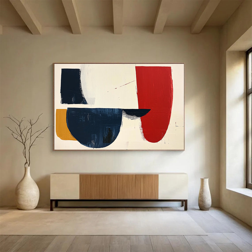 Large abstract painting featuring navy red and white shapes on cream paper with loose brush strokes, creating a striking minimalist aesthetic.SC490