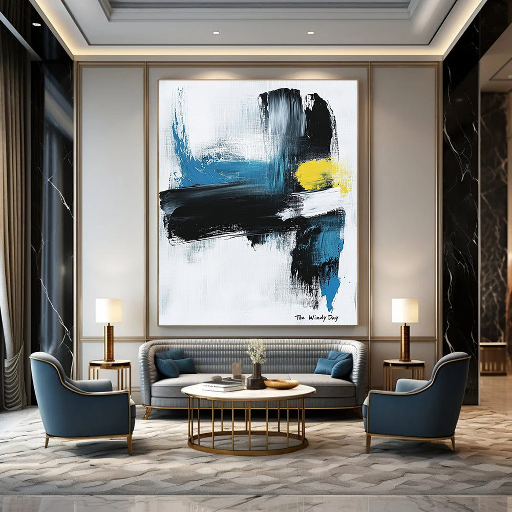 Large abstract painting in black and white with blue or yellow accents on light gray background featuring text The Windy Day.STSC1070