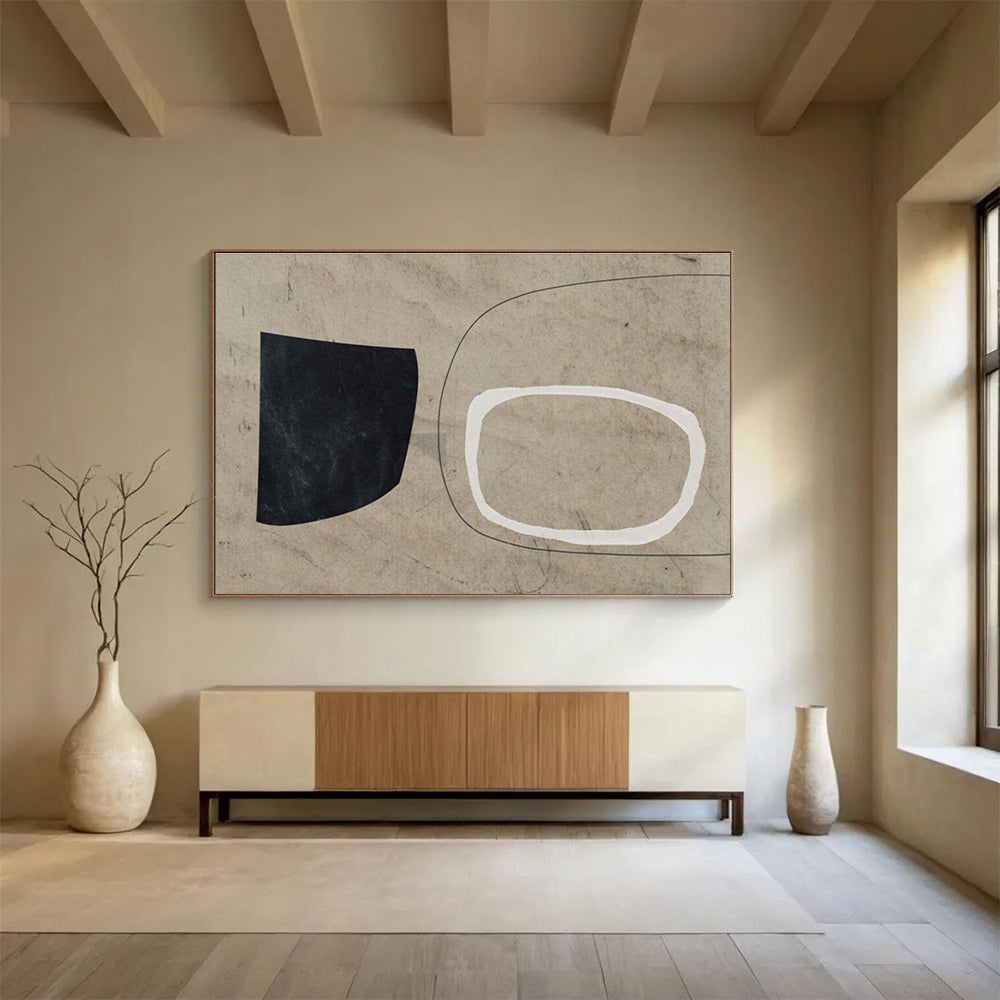 Neutral Toned Abstract Painting with Black White and Beige THY113