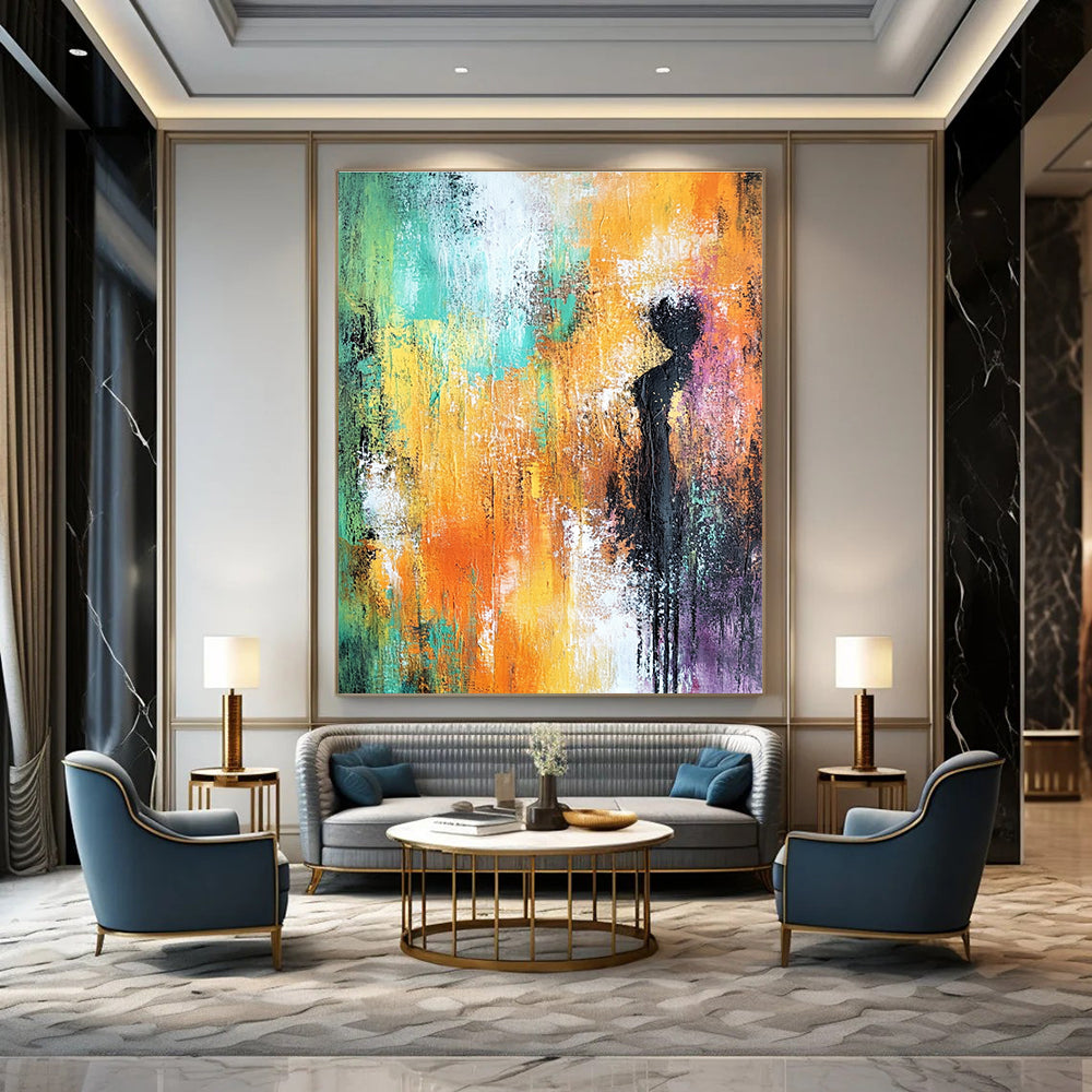 Large abstract painting featuring soft orange and green tones with hints of yellow and purple and a textured background for elegant decor.STSC248