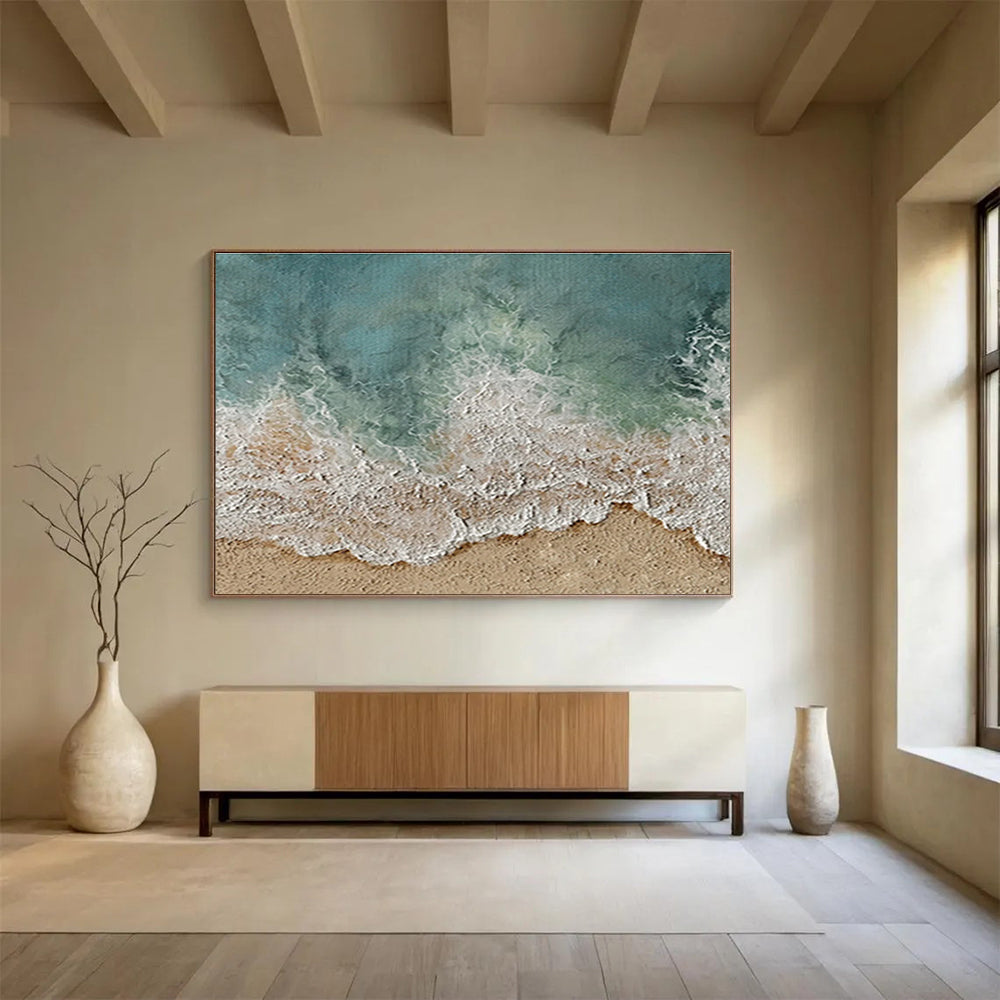 Aerial Beach View Abstract Painting with Turquoise and Sandy Tones THY254