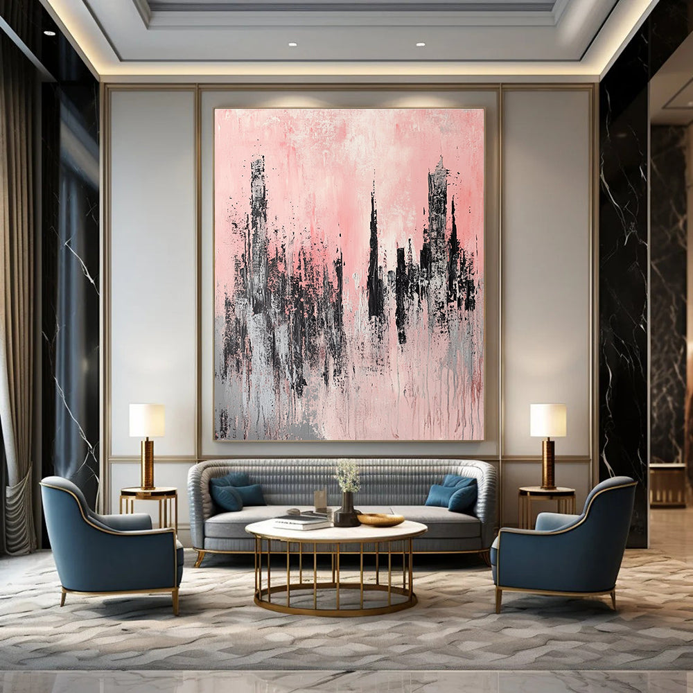 Large abstract painting of skyscrapers featuring light pink and grey colors with soft brush strokes in a modern urban landscape style.STSC331