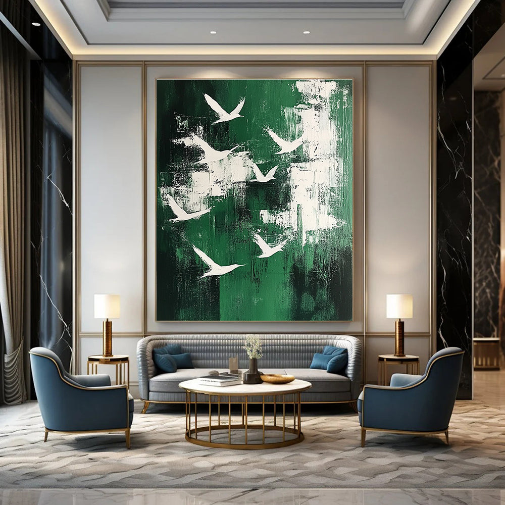 Large abstract painting featuring white birds soaring above an emerald green landscape in a minimalistic style.STSC363