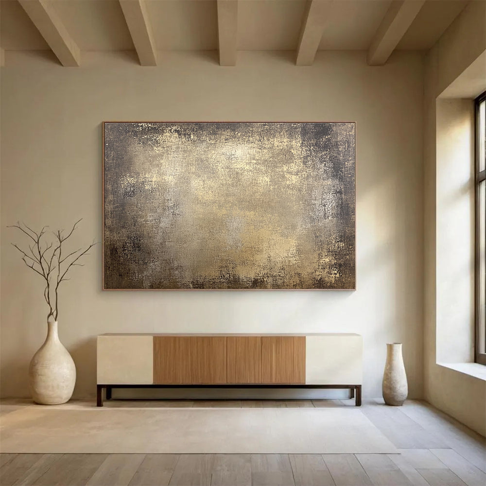 Large abstract canvas featuring distressed light brown tones with a textured rustic background perfect for an earthy decor style.SC533