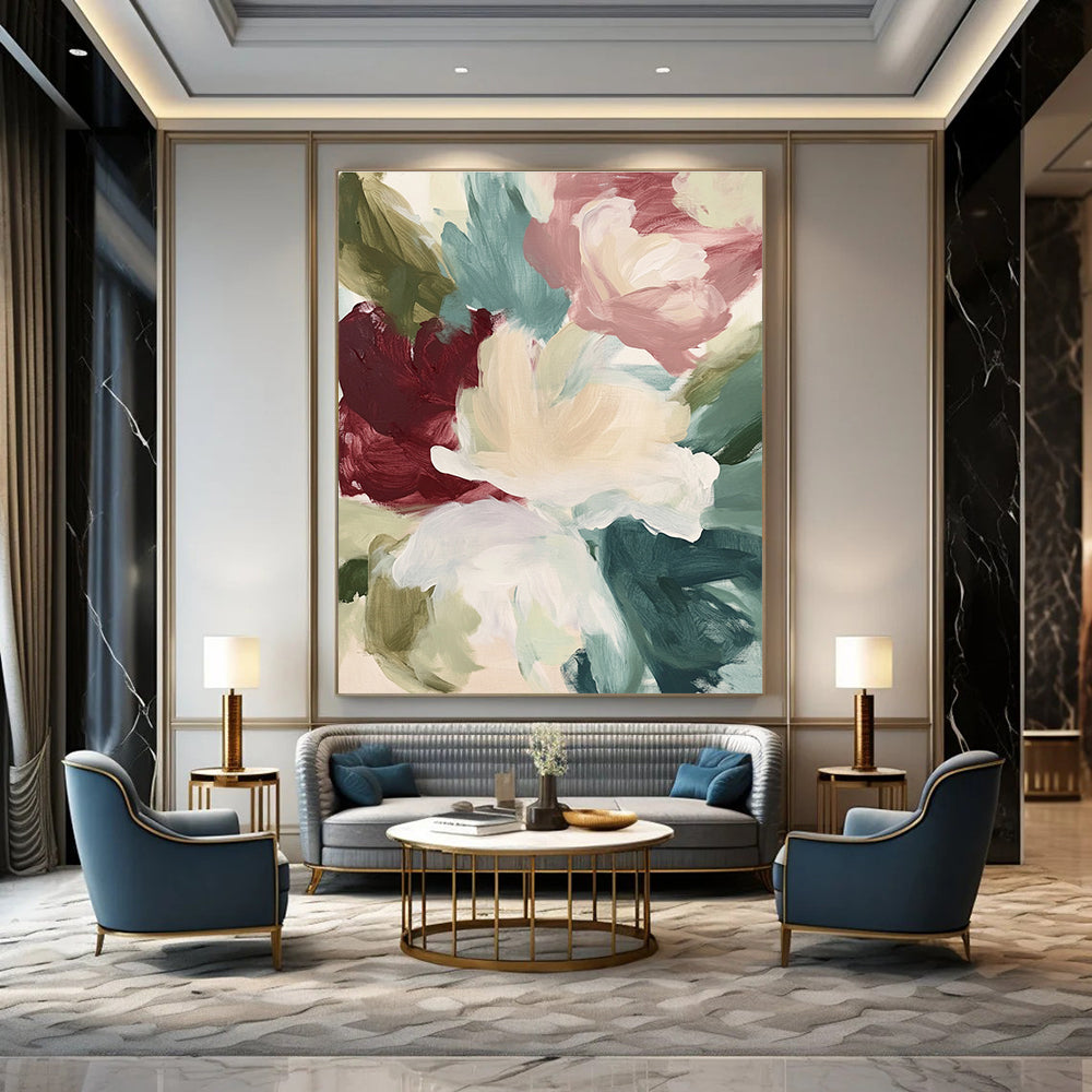 Large abstract floral painting in soft creams and sage greens with large brush strokes of maroon navy blue and minty pink for a serene garden view.STSC558