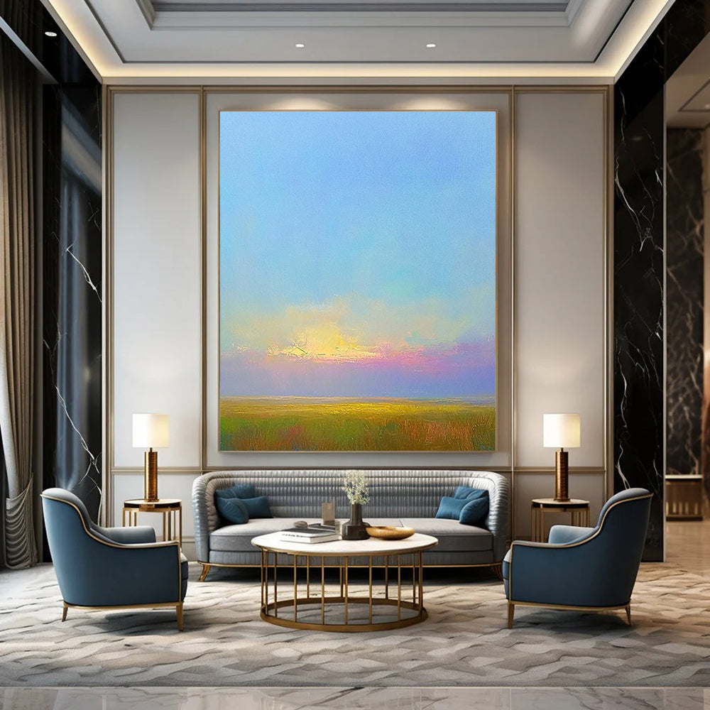 Large abstract painting featuring green fields under a soft blue sky with pink clouds highlighting Impressionist brushstrokes and serene natural beauty.STSC888
