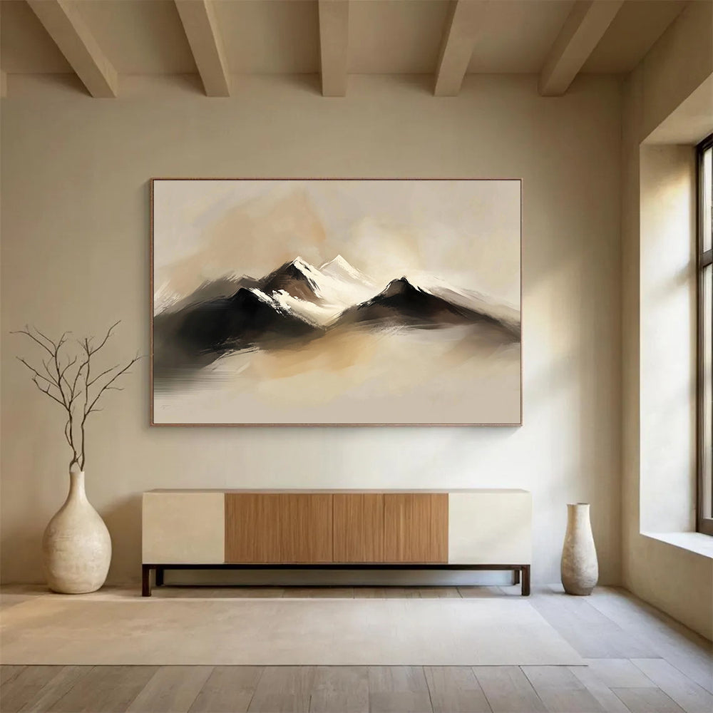 Abstract digital painting of serene snow-capped mountains featuring soft brush strokes and muted colors enveloped in mist.SC301