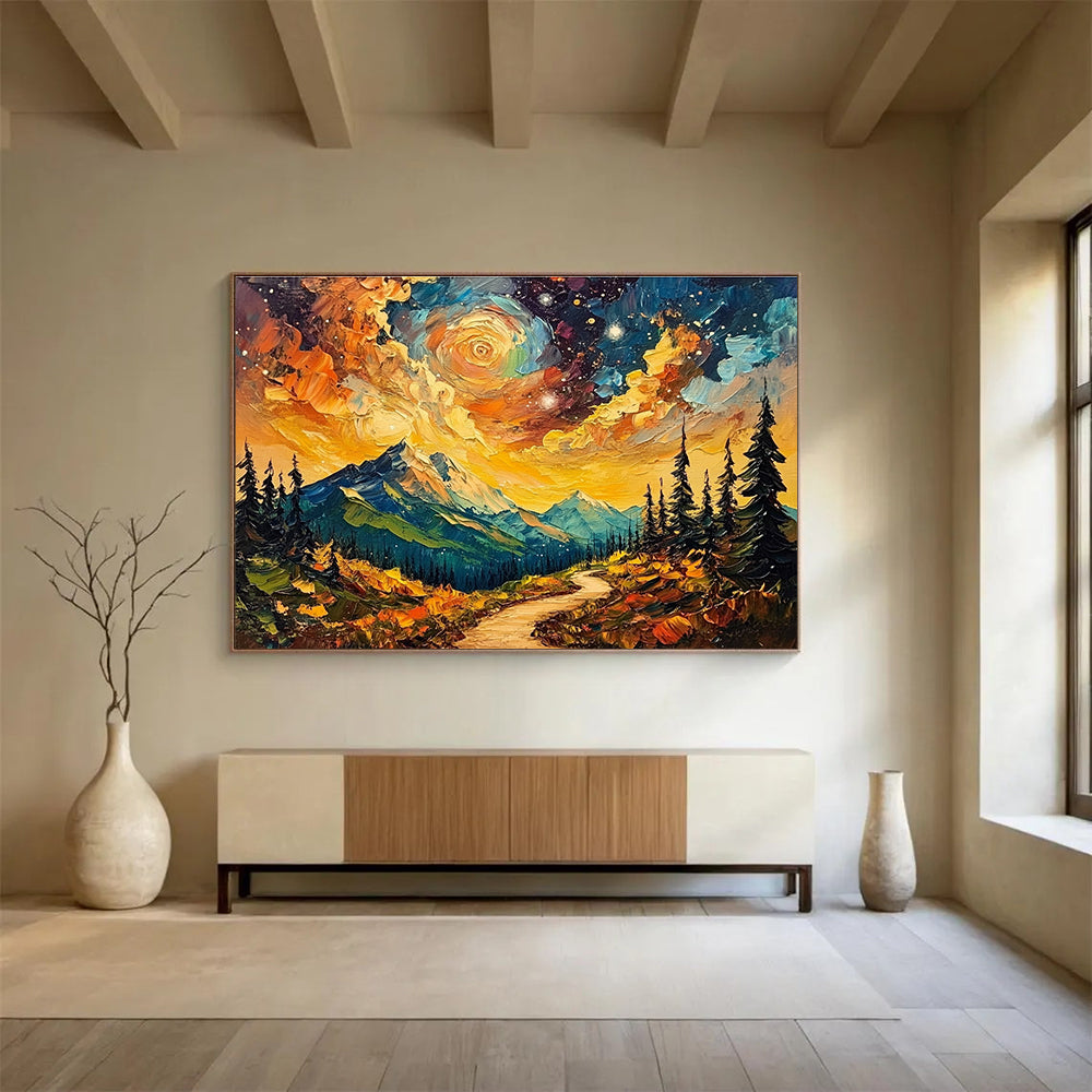 Vibrant Mountain Path Abstract Painting with Starry Sky DYP155