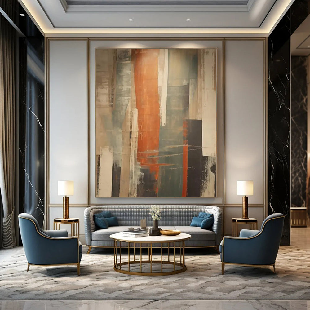 Vertical Color Streaks Abstract Painting with Orange, Gray, and Beige ADGE113