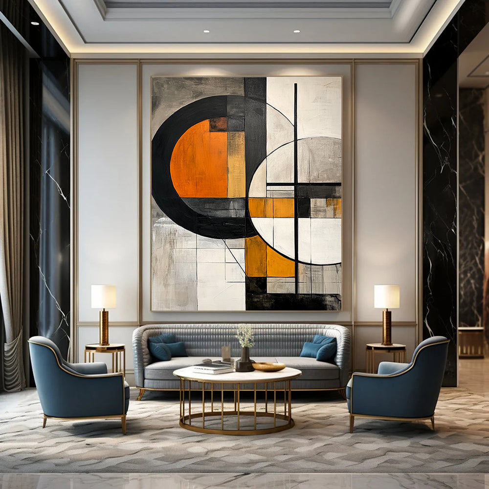 Large abstract painting featuring geometric shapes with orange interiors on a grey background accented by black lines and grey white elements.STSC222
