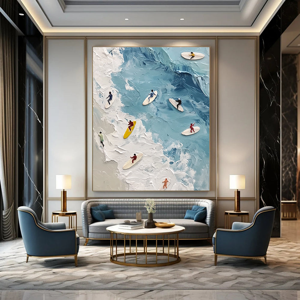Large abstract painting of surfers on soft blue waves with a wet oil effect featuring soft colors and subtle figures floating in the water.STSC1436
