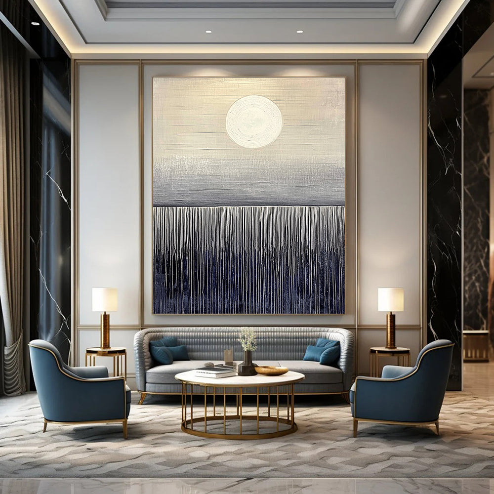 Large abstract painting featuring dark gray and light beige hues with a serene sunrise over a deep sea horizon on canvas board.STSC1030