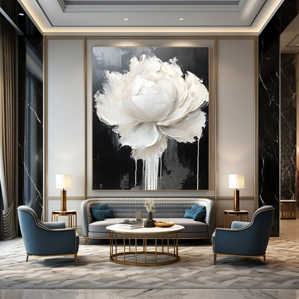 Large abstract painting featuring a white rose and peony with dripping petals on a black and gray background in neutral tones.STSC517