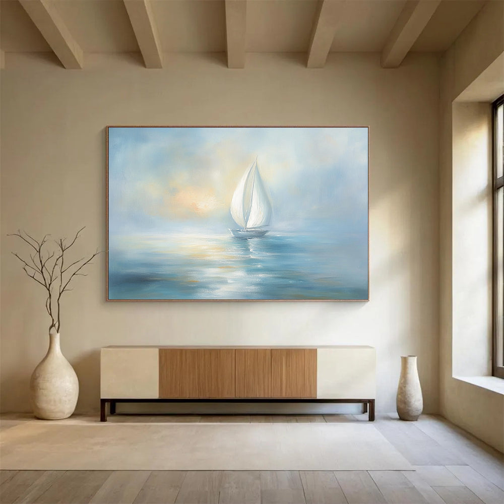 Light Blue Sailboat Abstract Painting with a Hazy Sky DYP138