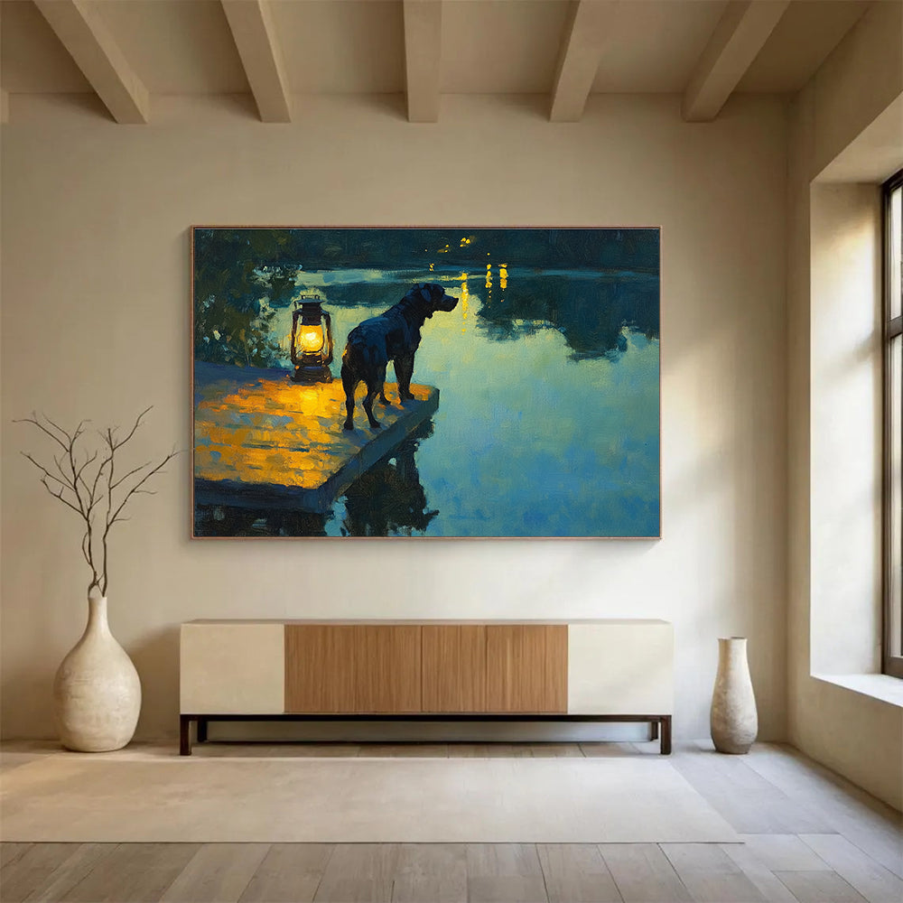 Large abstract painting featuring a black dog on a dock with a lantern reflecting on a lake at dusk in Impressionist style.SC597