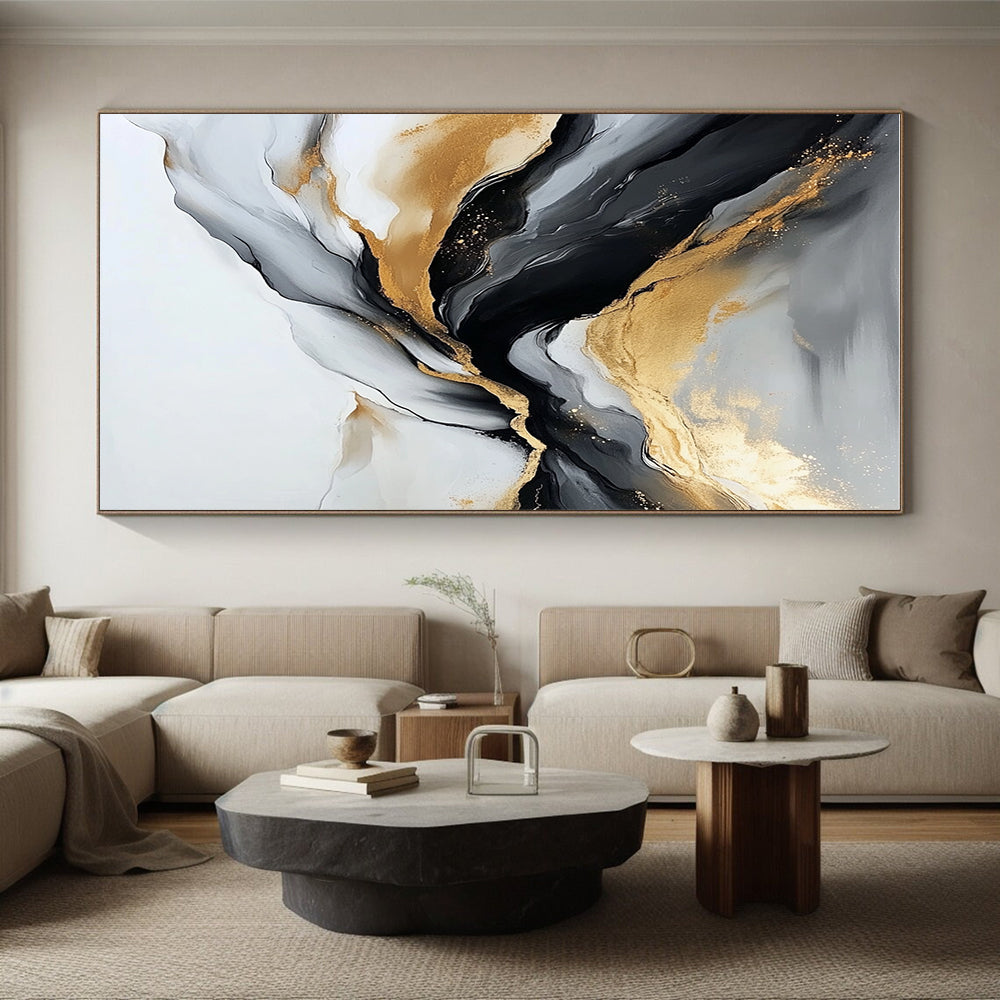 Gold Black and Gray Abstract Painting with Flowing Lines GER417