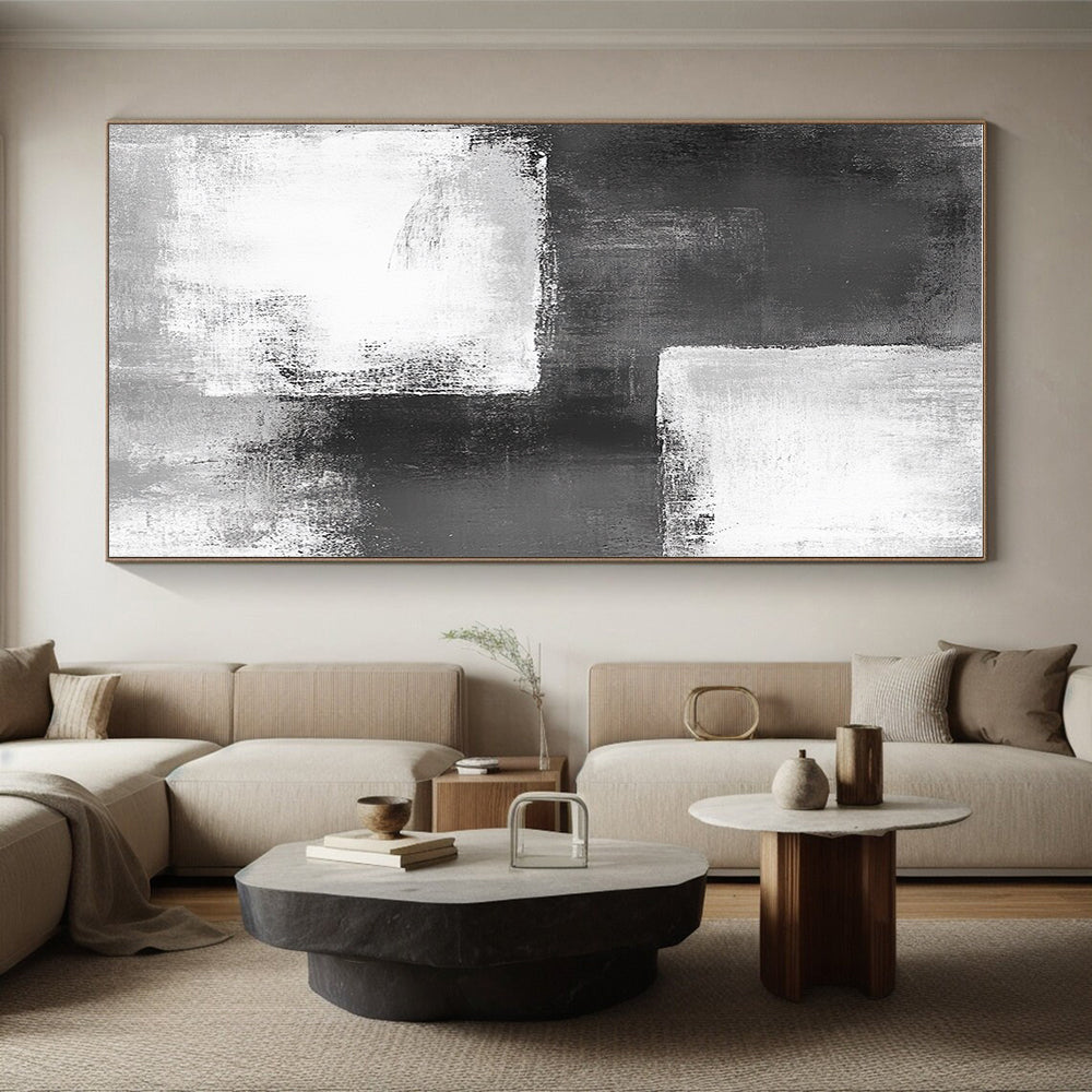 Black White and Gray Abstract Painting with Geometric Forms GER421