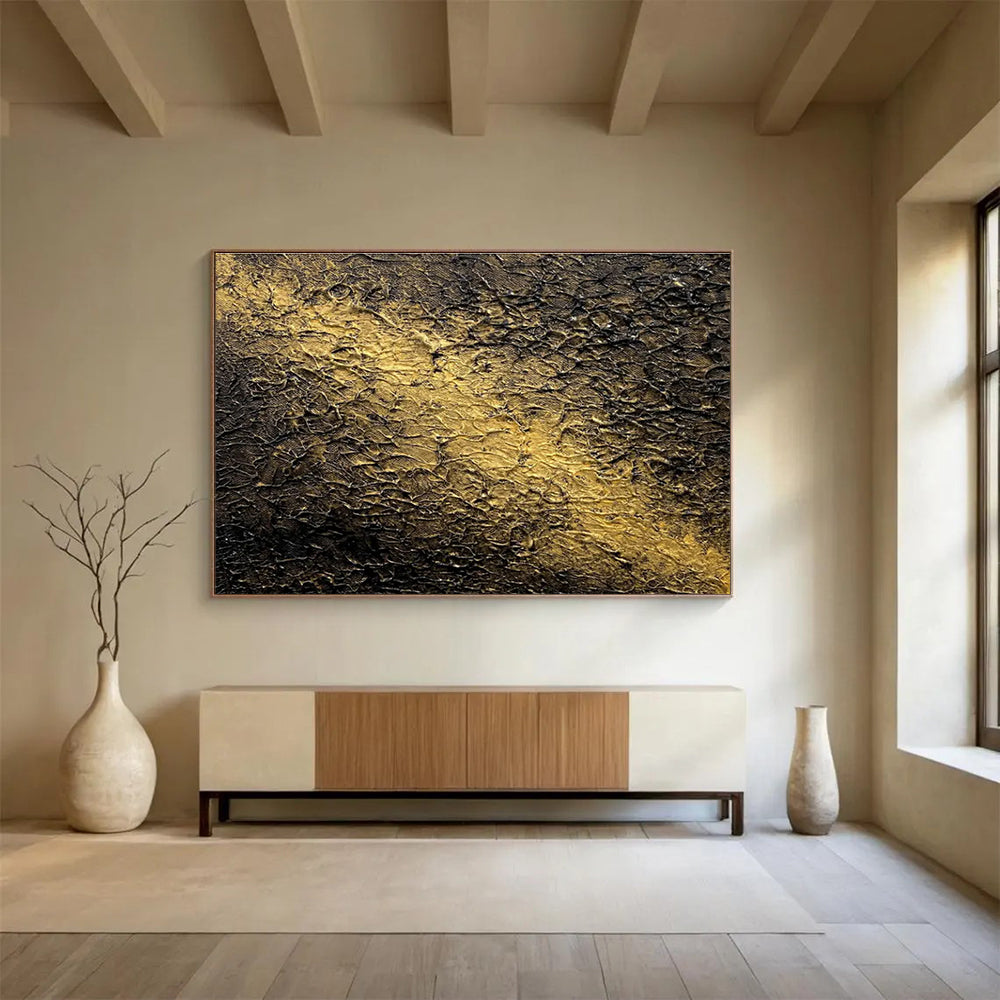 Black Gold Textured Abstract Painting with Rich, Layered Surfaces THY370