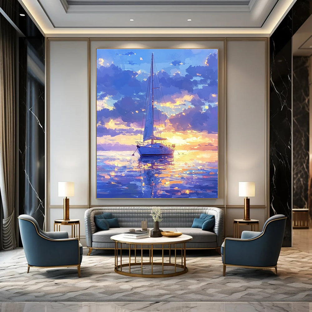 A large abstract painting featuring a sailboat on a dreamy sea under a soft blue sky with glowing water reflections and ethereal colors.STSC1170