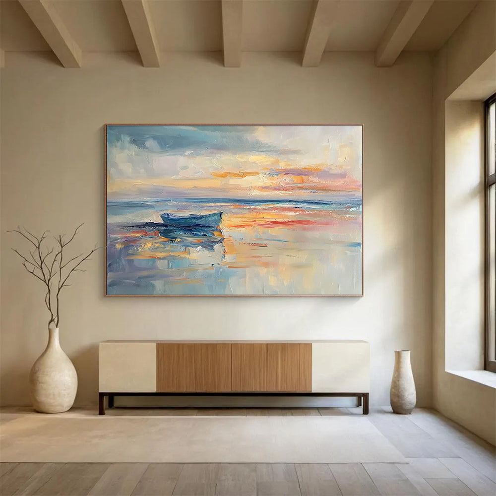 Large abstract painting of the sea featuring calming sunset colors on the horizon perfect for enhancing any space.SC133