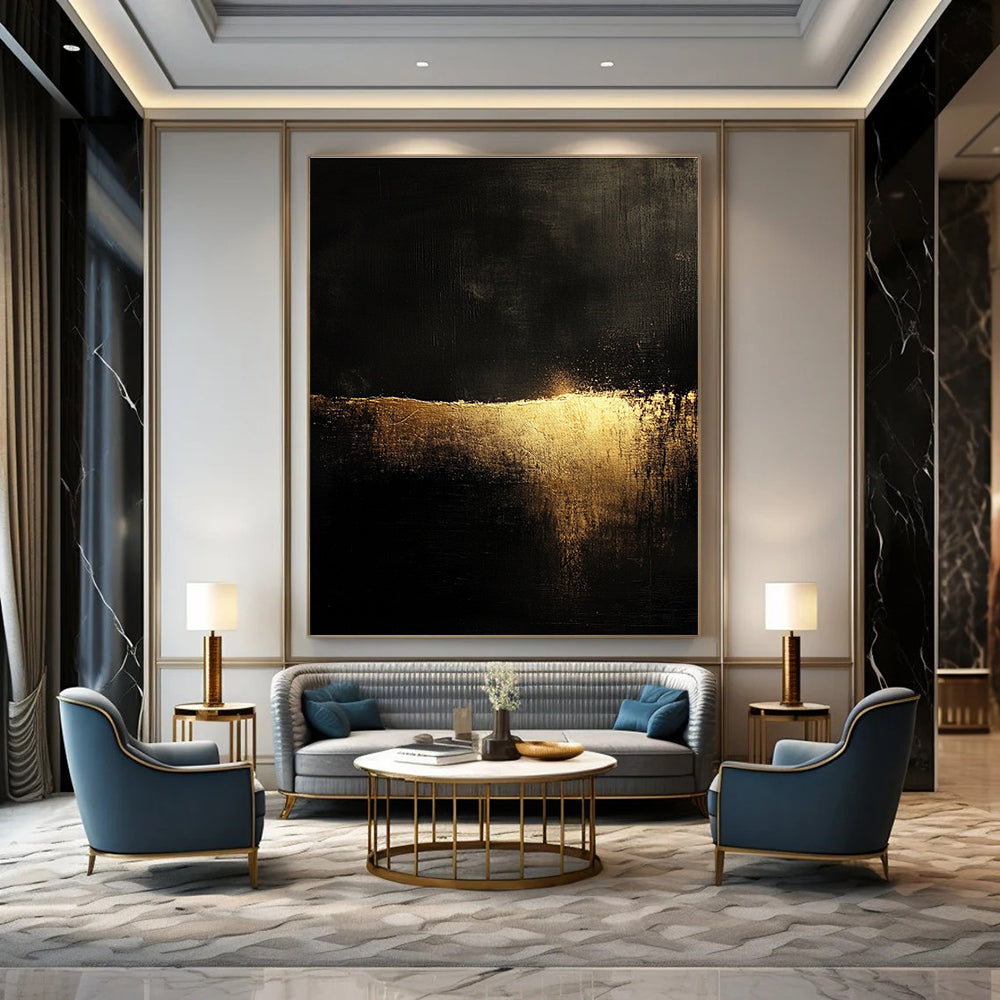 Abstract landscape featuring golden light on a dark textured ground in the style of John Harris with a minimalistic aesthetic.STSC075