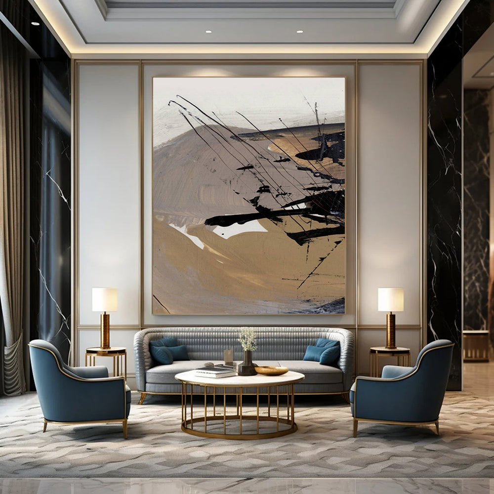 Earth - toned Abstract with Dynamic Black Lines Painting ADGE201
