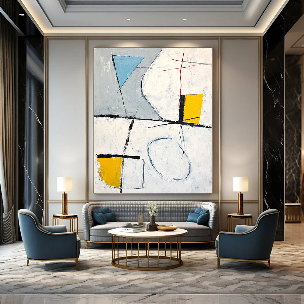Large abstract painting featuring gray white and yellow shapes with a blue line connecting corners and black brush strokes.STSC612