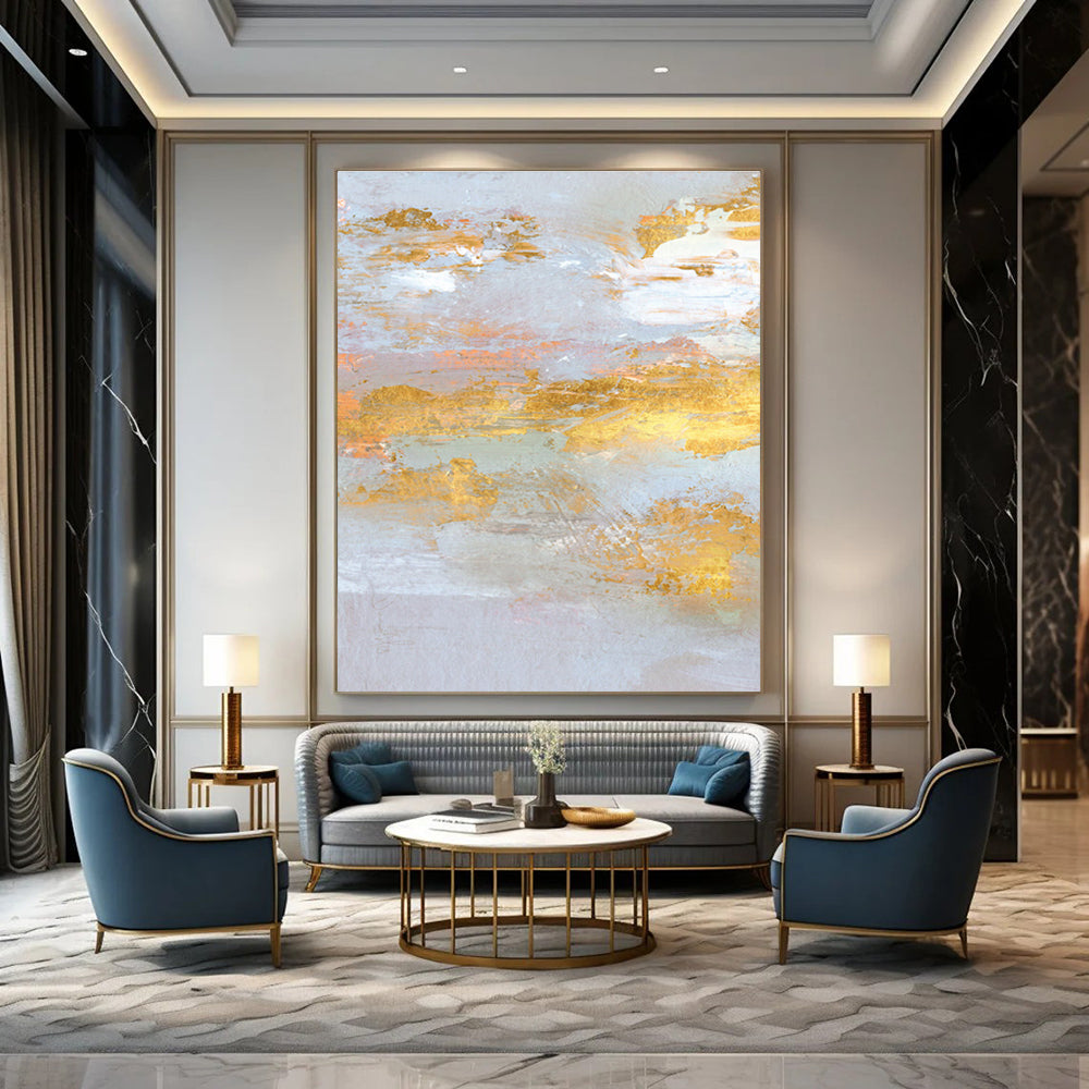 Gold and Pastel Abstract with Light Blue Background Painting ADGE159