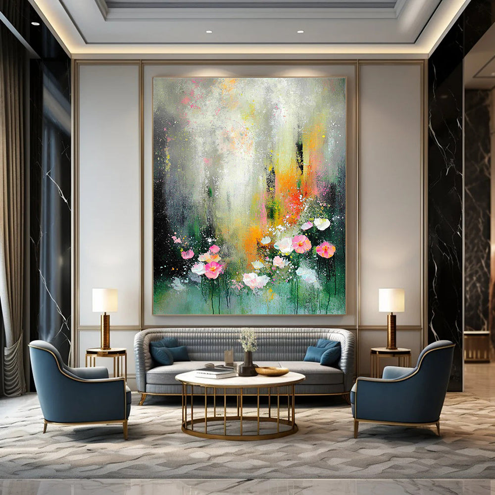 Abstract painting featuring a dreamy garden scene with soft lighting and muted colors in a vintage style.STSC1301
